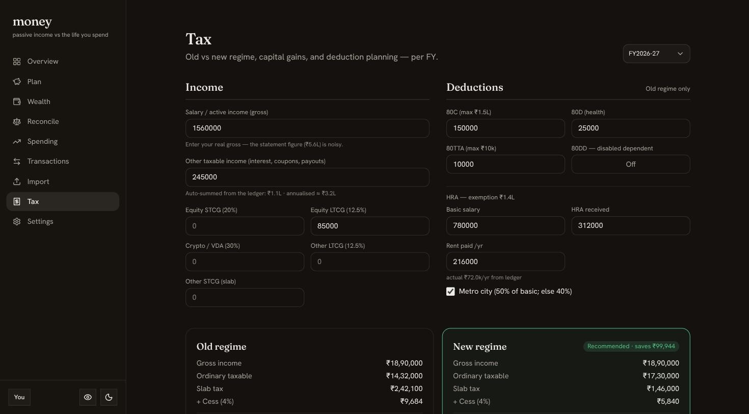 The Tax screen: an old-versus-new regime comparison showing which regime saves more.